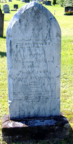 Susan Bowes, wife of Thomas Holmes, died January 3, 1890. God rest her soul in peace. This stone is in the graveyard of Our Lady of Mount Carmel Church, Howard Road, Blackville, NB. August 2006.